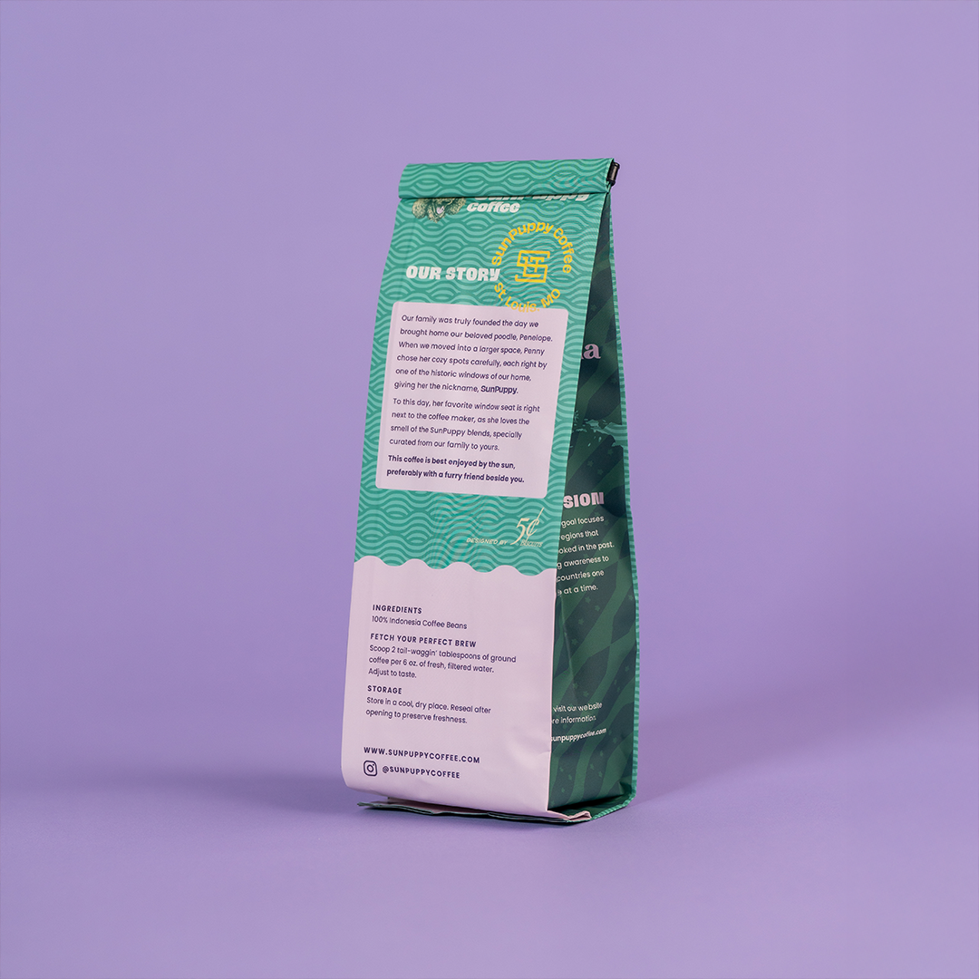 Sunpuppy Coffee Indonesian dark roast bag back view showing Our Story brewing instructions product details on teal turquoise wave pattern packaging purple background