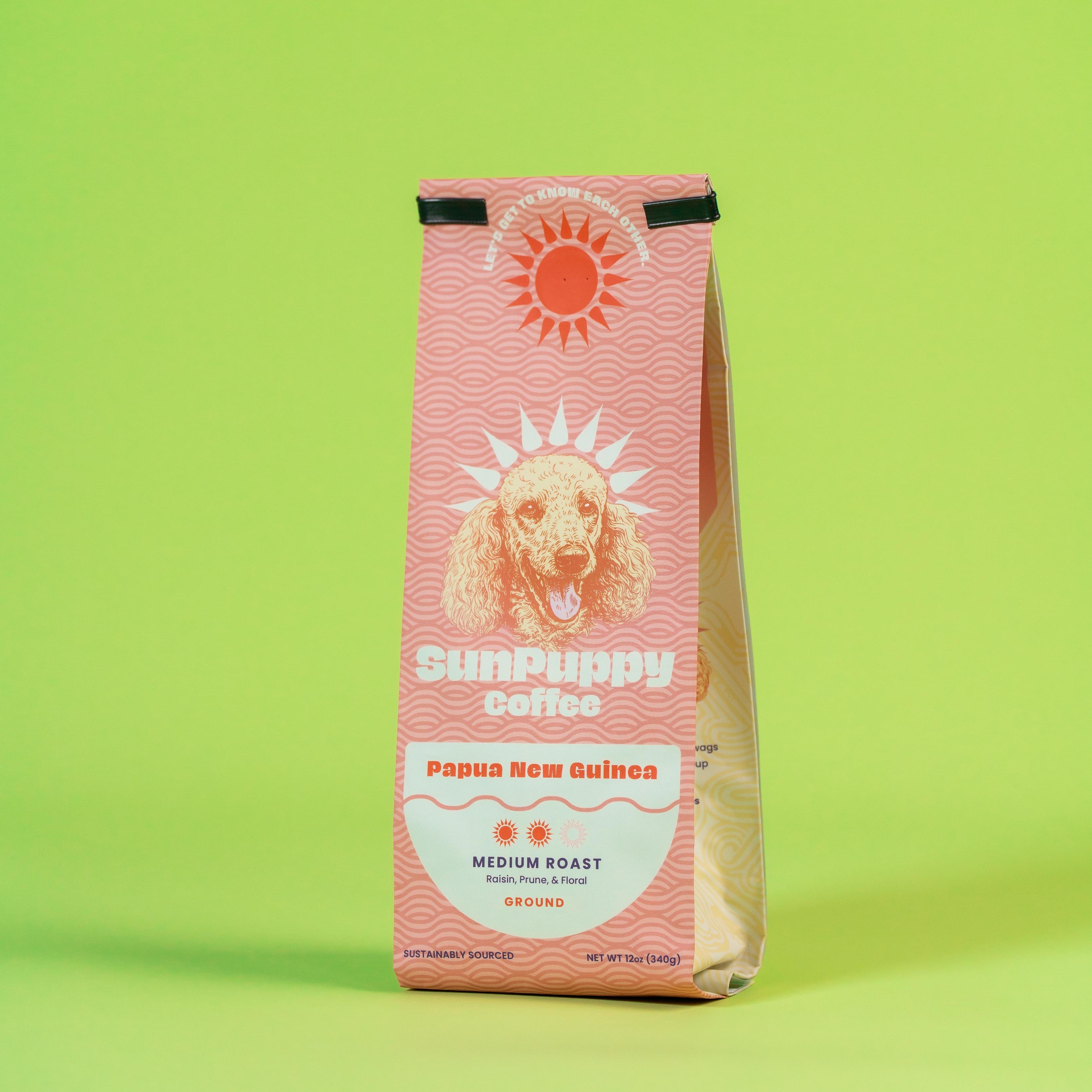 Sunpuppy Coffee bag on a green background