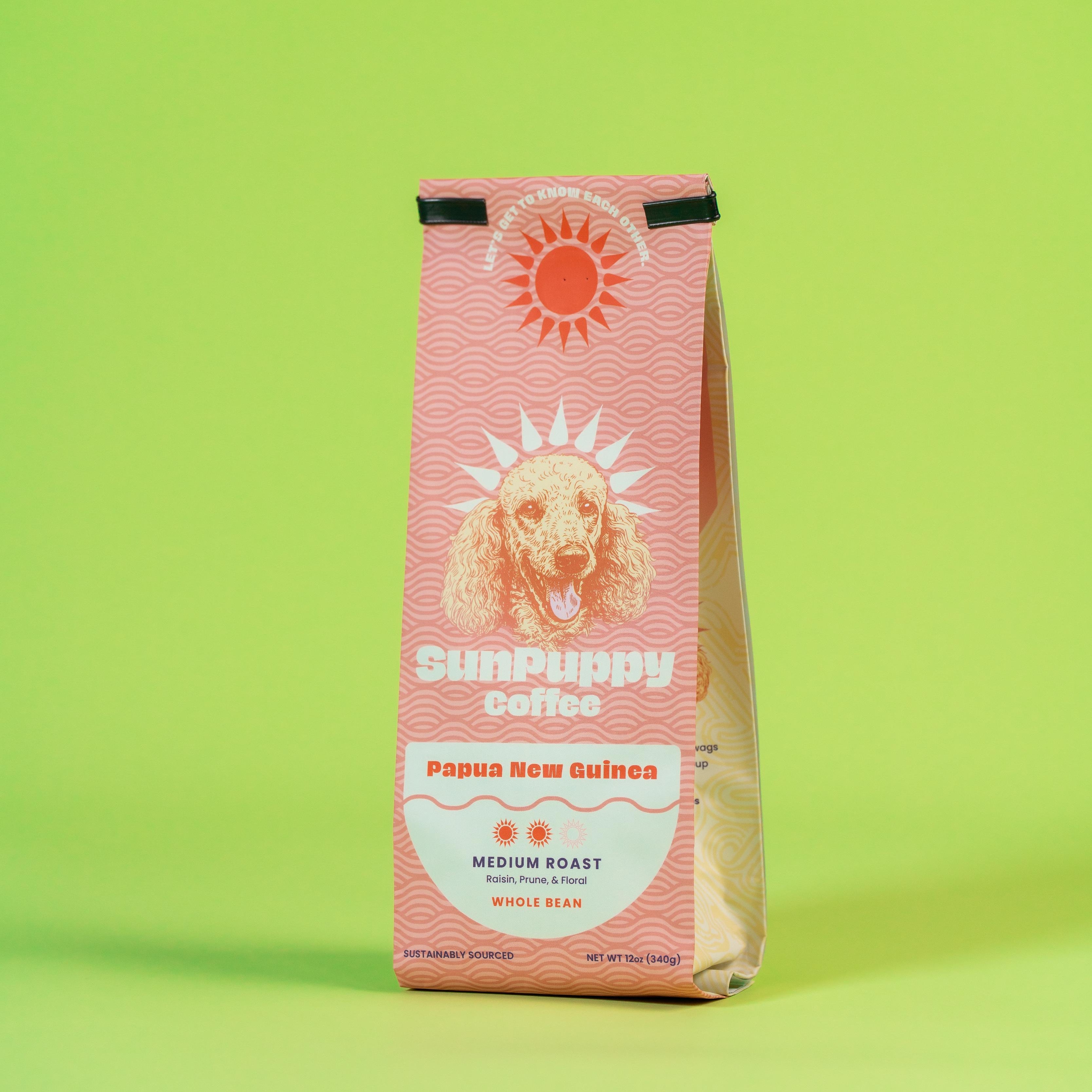 Sunpuppy Coffee bag on a green background